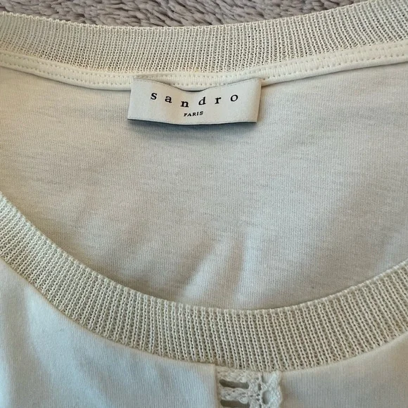 Sandro Lace Sleeve Crewneck Top in Cream T3/L - Picture 8 of 9